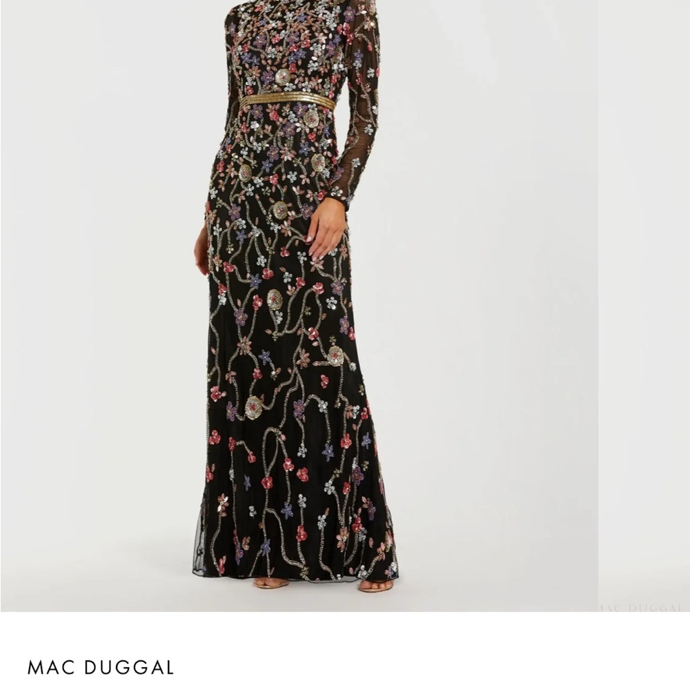 Mac Duggal Black Gown with Vibrant Floral Design